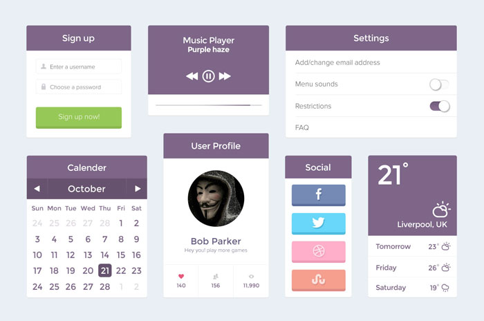 淡雅风格紫色UI主题包，矢量PSD素材